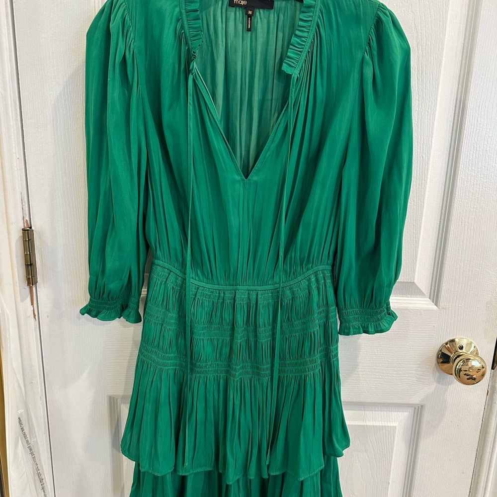 Maje Vibrant Green Long Sleeve Dress With Ruffles